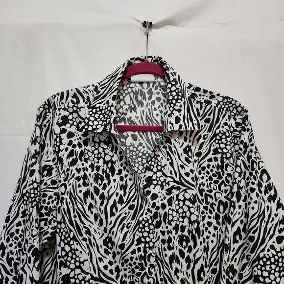 Chicos XL 3 black white leopard animal print cotton no iron blouse LS top blouse - Picture 6 of 6